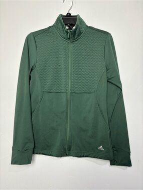Adidas Full-Zip Green Athletic Jacket Golf Small Textured Sweatshirt Thumb Holes